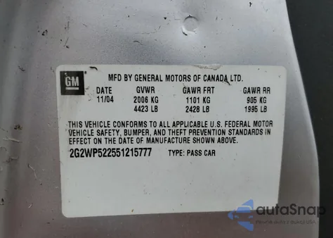 2005 Pontiac Grand Prix from USA, damaged, VIN 2G2WP522551215777